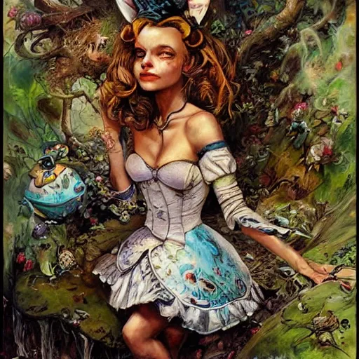 Prompt: alice in wonderland high on weed, intricate detail, painting, royo, frazetta, whealan,