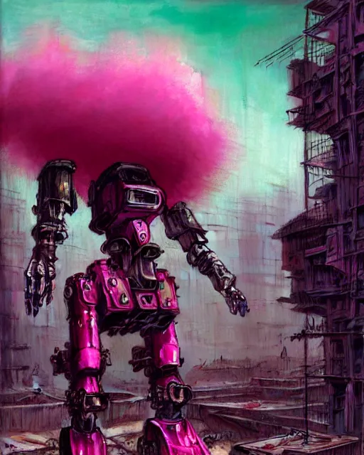 Image similar to hyperrealistic hyperdetailed punk mecha iridescent pink coming out of dystopian city ruins concept art santiago caruso de chirico sharp very dramatic green light 8k low angle shallow depth of field