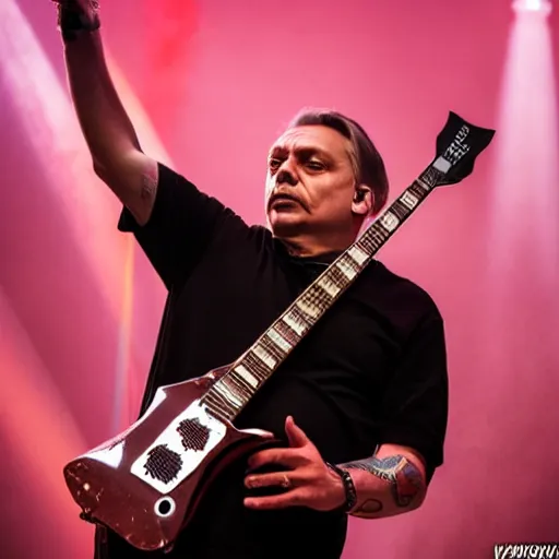 Image similar to metal viktor orban with a guitar, concert photography