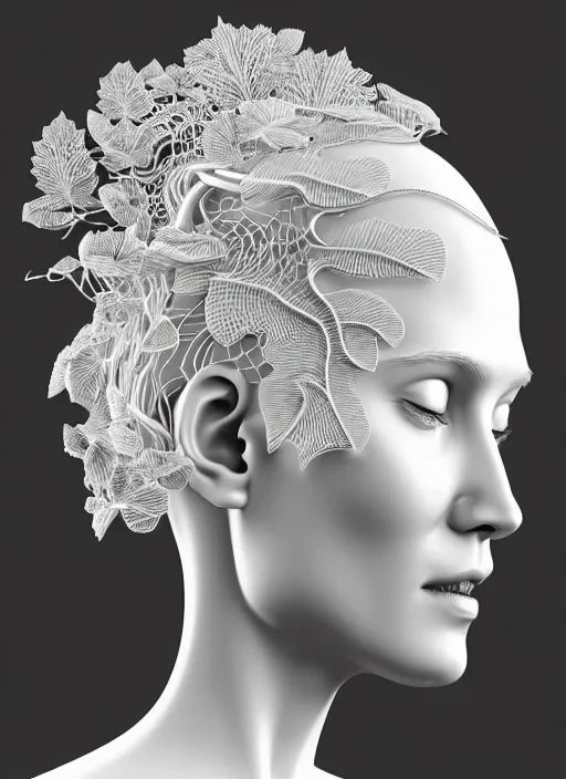 Image similar to complex 3d render ultra detailed of a beautiful porcelain profile woman face, mechanical cyborg, 150 mm, beautiful natural soft light, rim light, silver vanilla details, magnolia big leaves and stems, roots, fine foliage lace, maze like, mesh wire, intricate details, hyperrealistic, ultra detailed, mandelbrot fractal, anatomical, white metal neocubism armor, facial muscles, cable wires, microchip, elegant, octane render, H.R. Giger style, 8k