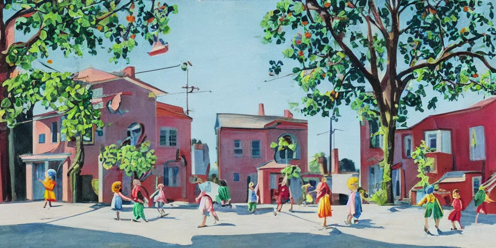 Prompt: 1 9 4 0 s corner of a concrete row house, painted in bright colors, children playing on the street, trees, blue sky, sunny day