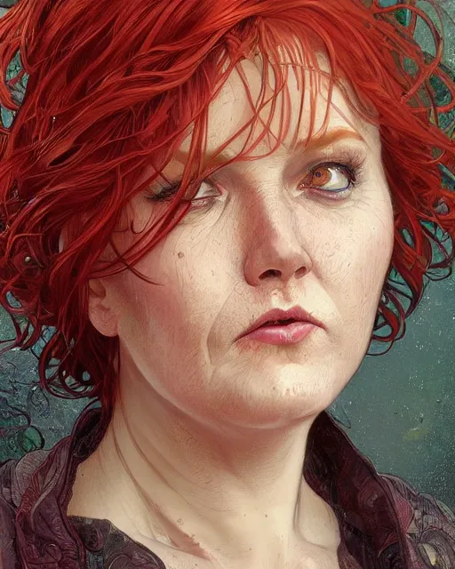 Prompt: portrait of short and plump 5 0 - year - old woman with red hair and a kind face, hyper realistic face, beautiful eyes, close up, fantasy art, in the style of greg rutkowski, intricate, alphonse mucha, hyper detailed, smooth