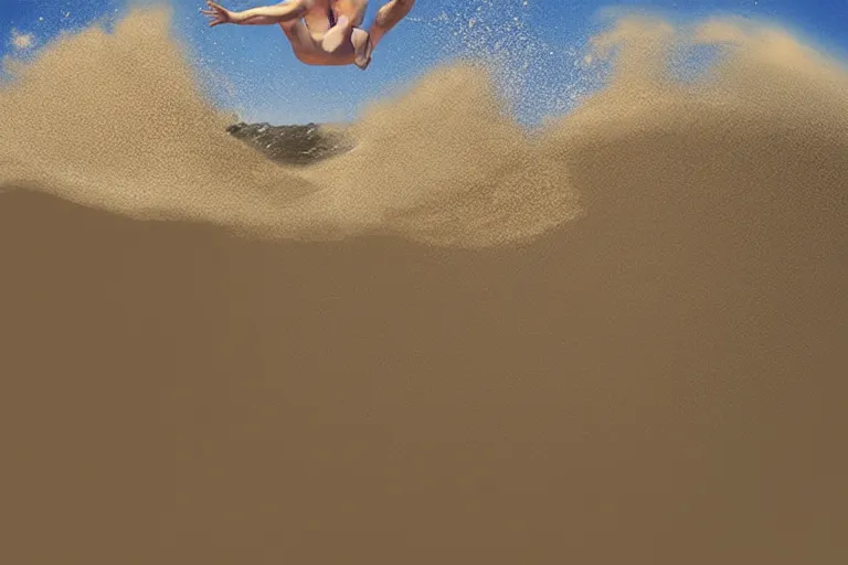 Prompt: “anakin skywalker diving into a pool full of sand, 8k, digital masterpiece, wind blown sand”