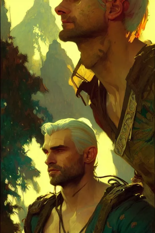 Prompt: attractive man, witcher, cool colors, painting by gaston bussiere, craig mullins, greg rutkowski, alphonse mucha