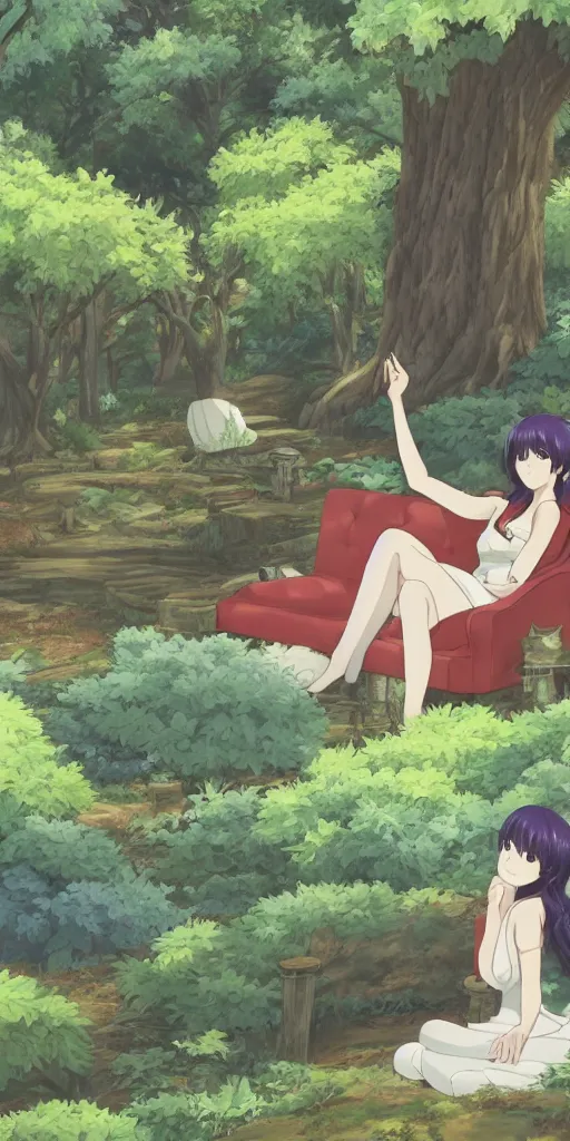 Prompt: landscape shot of a single queen sitting by herself on a sofa in a forest, drawn by CloverWorks, elegant, beauty,