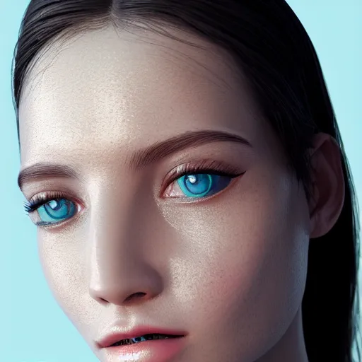 Image similar to 3 d render, hyper detailed, realistic female face and shoulders, white porcelain, fine facial features, white eyes and eyelashes, 8 k, 1 5 0 ml lens, elegant, white background pastel blue lighting, octane render, volumetric lighting - h 7 0 4