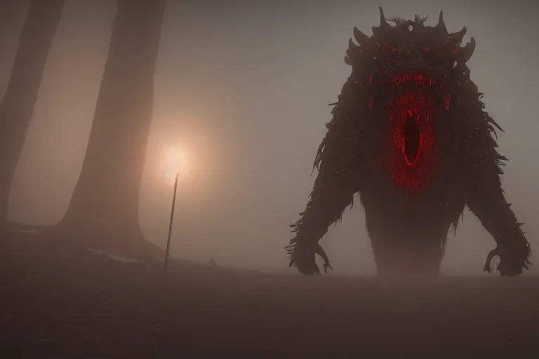 Image similar to amplified ritual engine, monster shrouded in fog, dramatic lighting, unreal engine, cgsociety, artstation, 4k