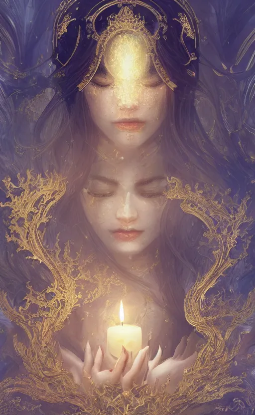 Image similar to desire and duality, masterpiece close to a candle in dark room, cinematic, powerful, moon beams dramatic light, highly, intricate gold elements, hollow souls, detailed, digital painting, artstation, concept art, sharp focus, illustration, art by kurozaki sakura, _Z eD_, dexiong gu