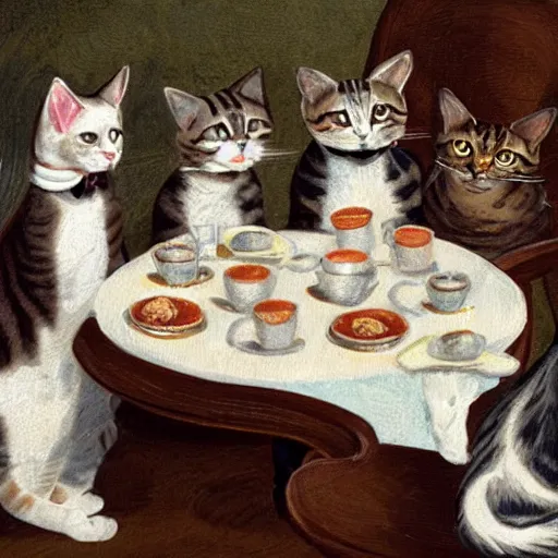 Image similar to three tabby cats attend a fancy english tea party, photorealistic