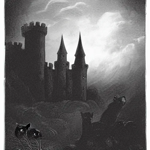 Image similar to a dark vallcy with a huge gloomy castle, fog. a little boy and a black cat