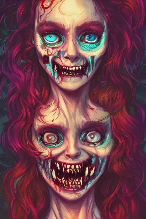 Image similar to a smiling cute zombie woman undead skin and wavy hair, tristan eaton, victo ngai, artgerm, rhads, ross draws