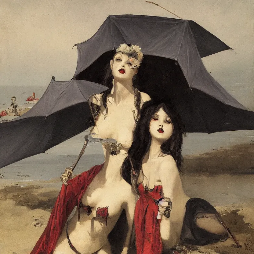 Image similar to portrait of a beautiful and grim vampire queen under a large beach umbrella by William-Adolphe Bouguerea