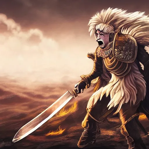 Image similar to Lionman with white hair and glowing yellow eyes wearing leather armor, walking towards the camera, burning city in background, charred landscape, full body art, wielding a longsword, fantasy art, Dim Lighting