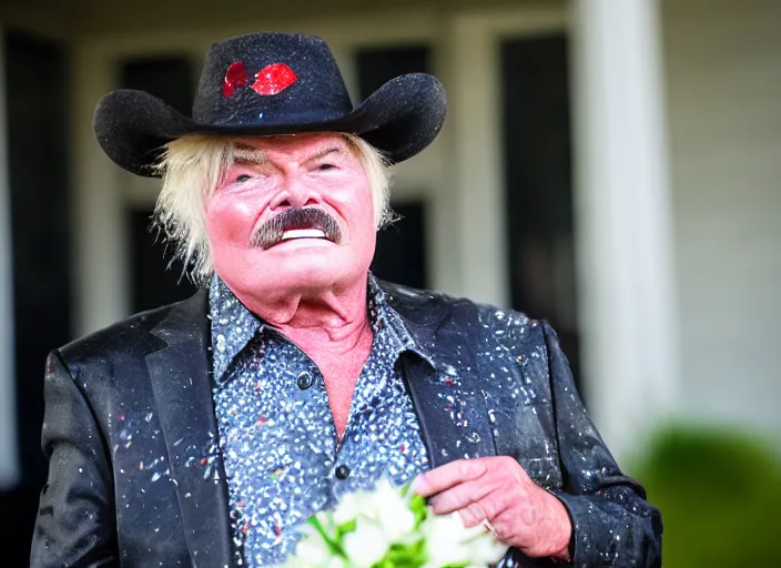 Prompt: photo still of rip taylor at a funeral service outside!!!!!!!! at age 5 4 years old 5 4 years of age!!!!!!! throwing confetti from a bucket, 8 k, 8 5 mm f 1. 8, studio lighting, rim light, right side key light