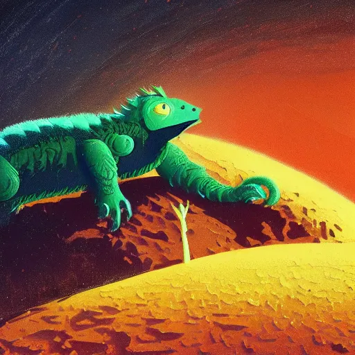 Prompt: beautiful ultra detailed painting of black knight riding a green creature on the surface of mars by eyvind earle, starfield background, vibrant colors, concept art, high quality, masterpiece, sharp focus, dramatic lighting
