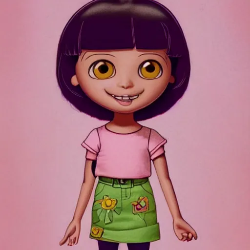 Image similar to dora the explorer as real girl in happy pose, detailed, intricate complex background, Pop Surrealism lowbrow art style, muted pastel colors, soft lighting, 50's looks by Mark Ryden , artstation cgsociety