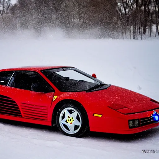 Image similar to ferrari testarossa drifting in snow, 4k