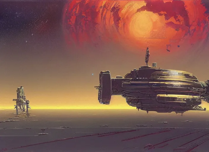 Prompt: a huge vividly - coloured spacecraft in an empty landscape by martin deschambault, dean ellis, peter elson, josan gonzalez, david a hardy, john harris, wadim kashin, angus mckie, bruce pennington, retro 1 9 3 0 s sci - fi art