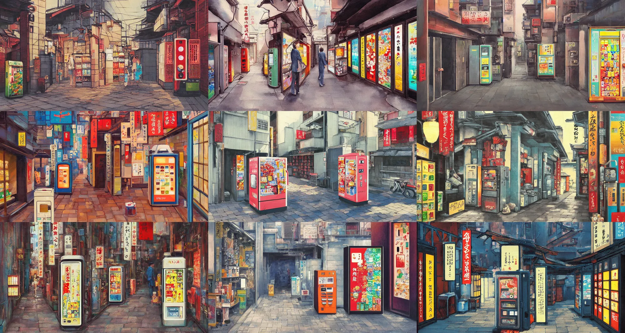 Prompt: beautiful painting of japanese alleyway with vending machine, by mateusz urbanowicz, hayao miyazki, mamoru hosoda, soft colors