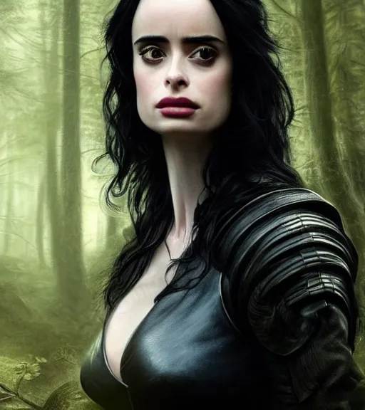 Prompt: 5 5 mm close up portrait photo of krysten ritter as yennefer of vengerberg in black leather armor and long black wavy hair, in a forest. magical atmosphere. art by greg rutkowski. lifelike. very detailed 8 k. intricate. soft light. nikon d 8 5 0.