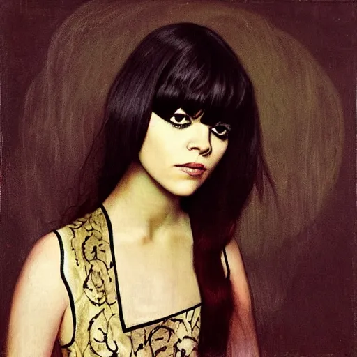 Image similar to a renaissance style painting of the musician bat for lashes fur and gold era