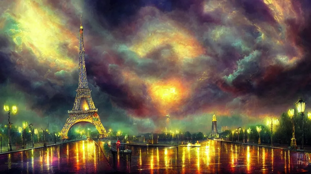 Prompt: beautiful stormy night in paris, illustration by anne stokes, beautiful dreamscape colorful, matte painting 3 - d 4 kcreative design 8 k digital art