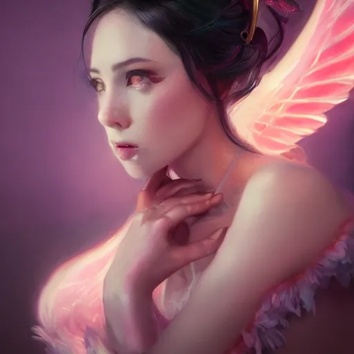 Image similar to a fancy portrait of an attractive succubi with pink wings and a calm look on her face by greg rutkowski, sung choi, mitchell mohrhauser, maciej kuciara, johnson ting, maxim verehin, peter konig, 8 k photorealistic, cinematic lighting, hd, high details, dramatic, dark atmosphere, trending on artstation