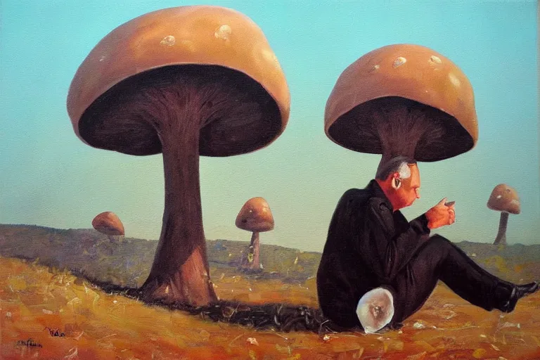 Image similar to sad orban viktor sitting under a big mushroom, surreal oil painting