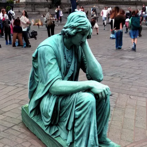 Prompt: liberty statue sitdown and tired , very convincing