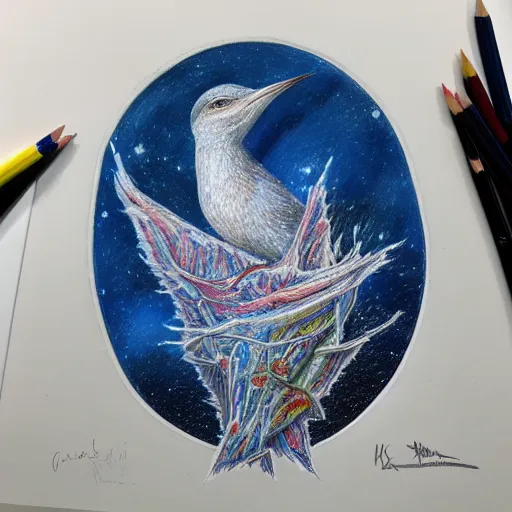 Image similar to Colored pencil art on paper, Frost Spirit Bird, highly detailed, artstation, MasterPiece, Award-Winning, Caran d'Ache Luminance