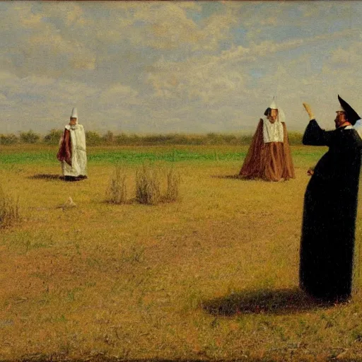 Prompt: a puritan priest preaching to some people in a field, 1 8 9 0 s, by francis davis millet