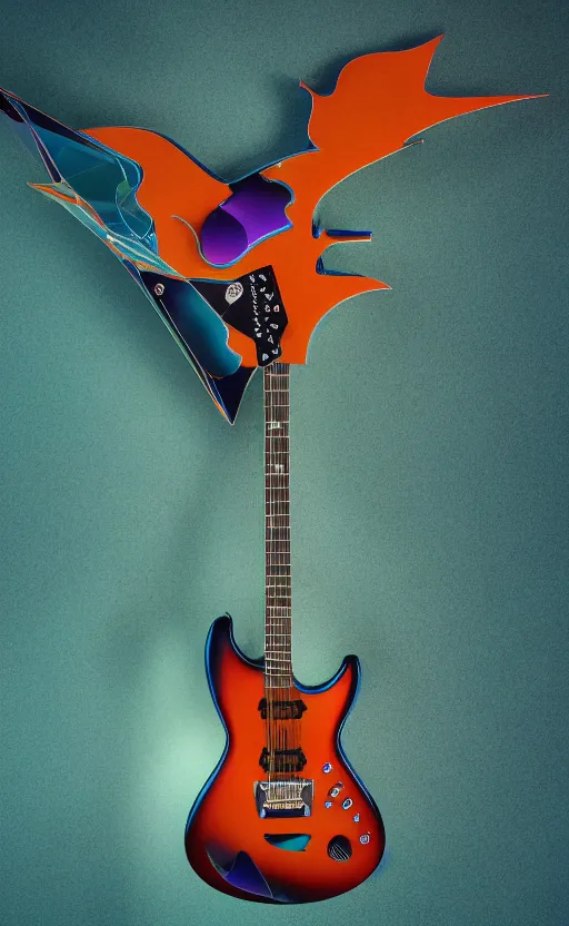 Image similar to award winning photograph of an electric guitar shaped as a bird of paradise, teal colors, 3 d hyperrealistic 8 k image style, detailed render, stunning studio photograph with dramatic lighting, depth of field