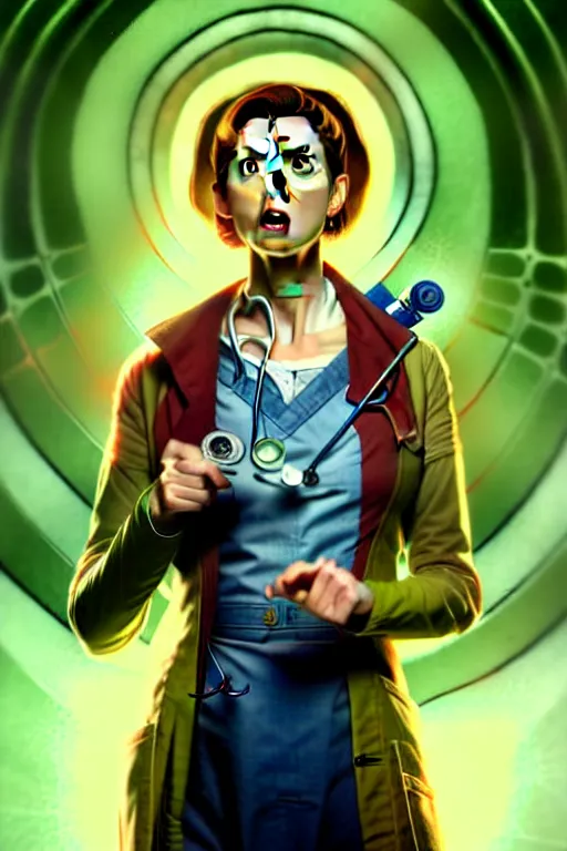 Image similar to doctor who, woman, as a mad dentist, on a plain green background, art by artgerm and greg rutkowski and alphonse mucha