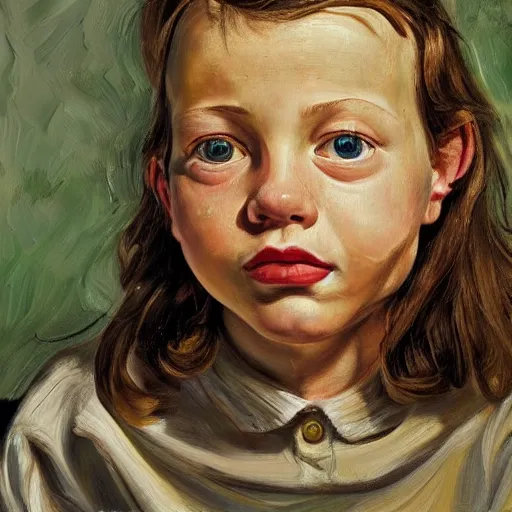 Image similar to high quality high detail painting by lucian freud, hd, excited girl portrait, low angle, photorealistic lighting