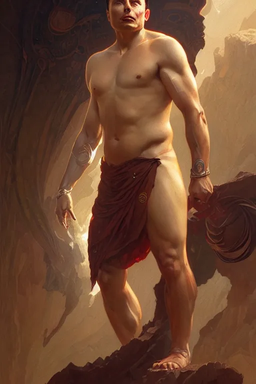 Image similar to Elon Musk as a Greek god, gorgeous, amazing, muscular, fit, intricate, highly detailed, digital painting, artstation, concept art, sharp focus, illustration, art by greg rutkowski and alphonse mucha