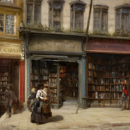 Prompt: jean-Baptiste Monge and Solomon Joseph Solomon and Richard Schmid and Jeremy Lipking victorian genre painting painting of an english 19th century english bookshop store front on a stone city streat with shops and stores