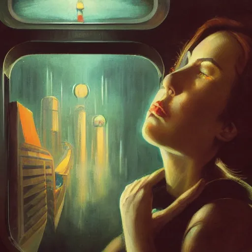 Image similar to detailed face of a woman, clockwork, moment, tectonic sky, skydome, bullet train, turbines, utopian, tech noir, wet reflections, prism, atmospheric, ambient, pj crook, syd mead, livia prima, greg rutkowski, edward hopper