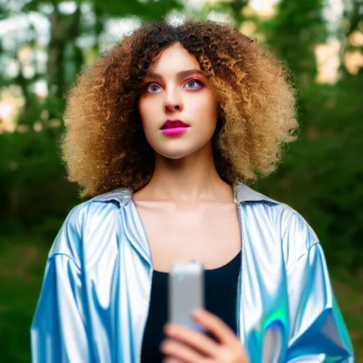 Image similar to selfie of a young woman, wearing a translucent and iridescent jacket over a tank top, curly long hair, caucasian, sigma 85mm f/1.4, 4k, depth of field, high resolution, 4k, 8k, hd, full color