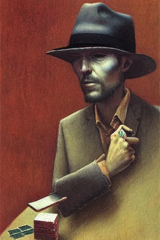 Prompt: a smooth guy with a fedora and a switch blade, good at cards, plays music, gambles like no one, a painting by beksinski