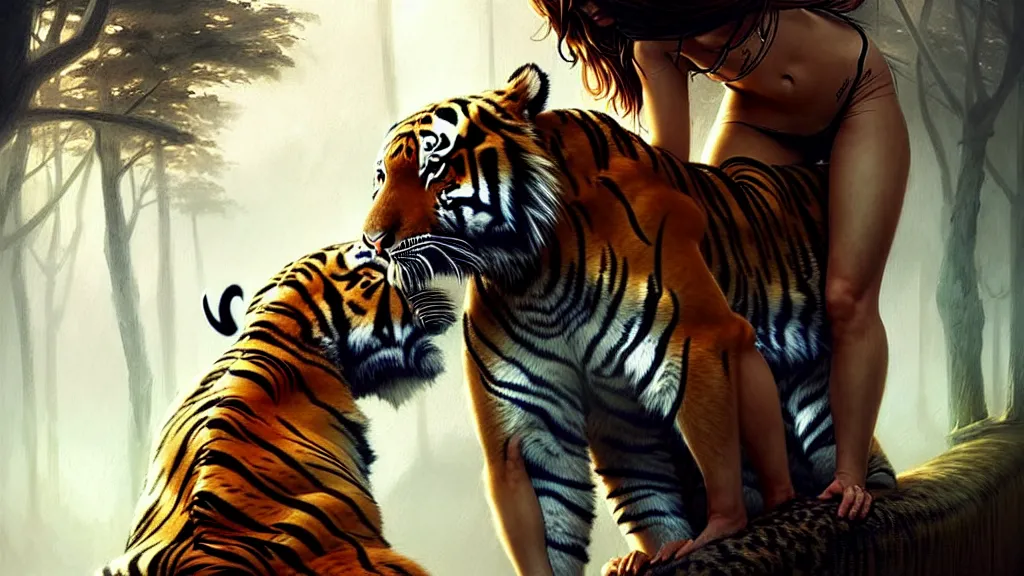 Image similar to the relationship between a girl and a tiger. they love each other, girl with beautiful woman body, detailed digital art by greg rutkowski.