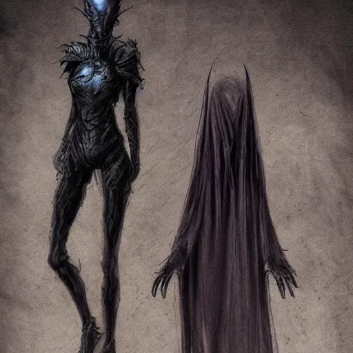 Image similar to concept designs for an ethereal wraith like figure with a squid for a head that has latched onto a human host and wearing a cloak like a bat that floats around collecting vials and jars for unknown reasons like a crow would and that hides amongst the shadows for the resident evil game franchise with inspiration from the franchise Bloodborne and the mind flayer from stranger things on netflix