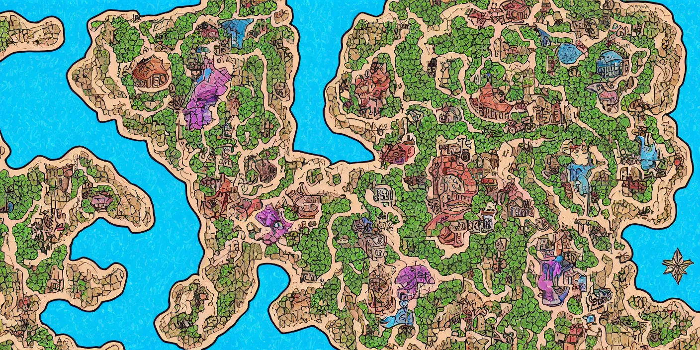 Image similar to a rpg map with random colored regions detailed, flat vivid colors and strokes digital painting