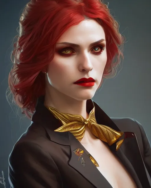 Image similar to female vampire, perfect face, gold waistcoat, red necktie, cinematic, stunning, highly detailed, digital painting, artstation, smooth, hard focus, illustration, art by artgerm and greg rutkowski and alphonse mucha