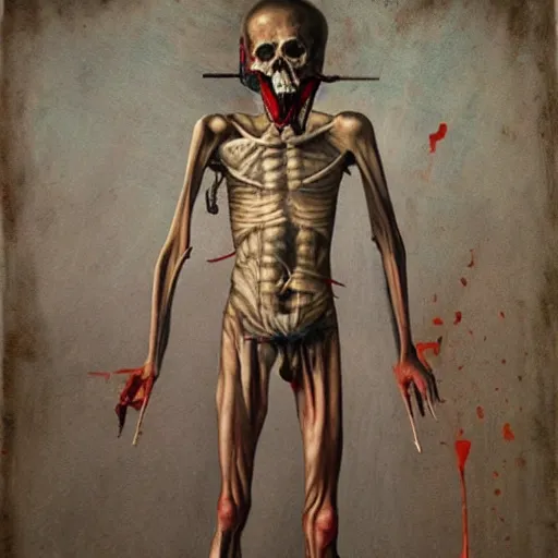 Image similar to death-camp-survivor-super-skinny-emaciated-horribly-skinny-Laughing-Painfully-at-himself painting by Thomas-Montacellinio