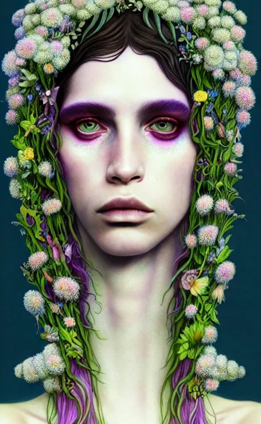 Image similar to the non-binary deity of Spring, 1 figure only, looks a blend of Grimes, Lana Del Rey, Aurora Aksnes, and Zoë Kravitz, it is made entirely out of flora and fauna, in a style combining Botticelli, Möbius and Æon Flux, surrealism, stunningly detailed artwork, hyper photorealistic 4K, stunning gradient colors, very fine inking lines