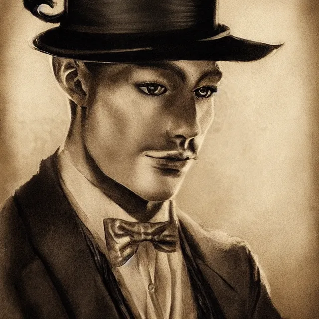 Prompt: photorealistic sepia full - head portrait of a 1 9 2 0 s era smirking male occultist, well dressed, long - tailed tuxedo coat, atmospheric lighting, dark, brooding, gothic, horror, painted, intricate, ultra detailed, well composed, best on artstation, cgsociety, epic, stunning, gorgeous, intricate detail, much wow, masterpiece