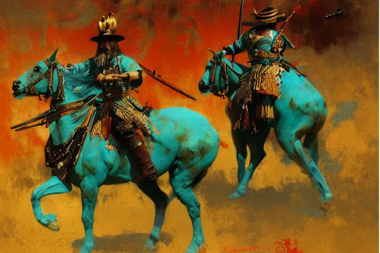 Prompt: turquoise samurai painting by gaston bussiere, craig mullins, j. c. leyendecker, tom of finland,