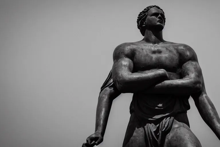 Image similar to A photograph of a large statue of a male athlete holding his head high and his hands wide, symbolizing humanity, ambition and determination, photo taken from a distance so that the full statue is visible, high resolution image taken with a DSLR camera