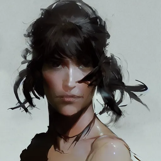 Image similar to a beautiful girl with short curly brown hair in a ponytail, a pointy chin, a sly smile, dramatic lighting, illustration by Greg rutkowski, yoji shinkawa, 4k, digital art, concept art, trending on artstation
