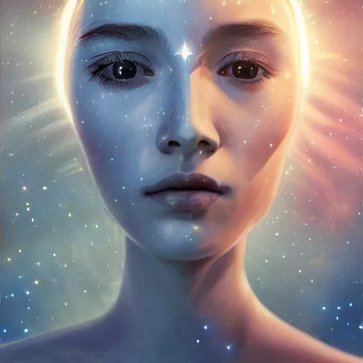 Image similar to sci - fi, close - up, 3 d, moon rays, stars, sleepy fashion model face, cinematic, clouds, sun rays, vogue cover style, poster art, blue mood, realistic painting, intricate oil painting, high detail illustration, figurative art, multiple exposure, water, 3 d, by tooth wu and wlop and beeple and greg rutkowski